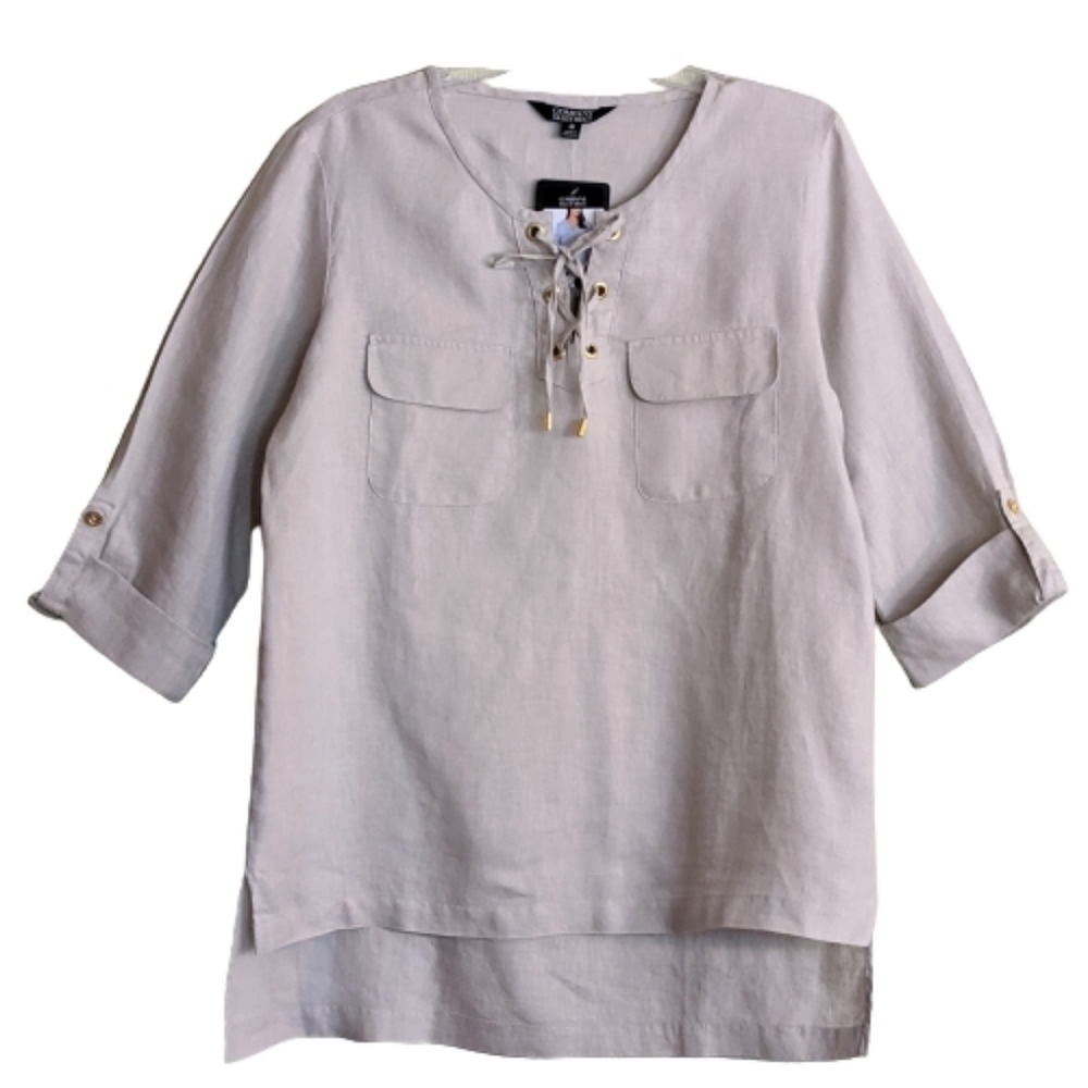 Ellen Tracy Linen Blouse Tan Cream Front Lace Up Roll-tab Sleeves Size Medium